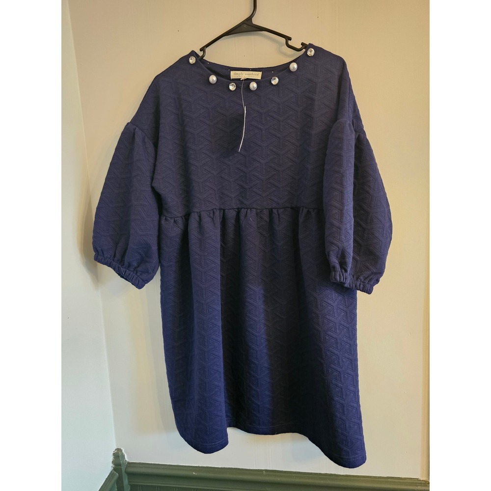 NEW Simply Southern Quilted Pearl Rhinestone Babydoll Dress Small 3/4 sleeve